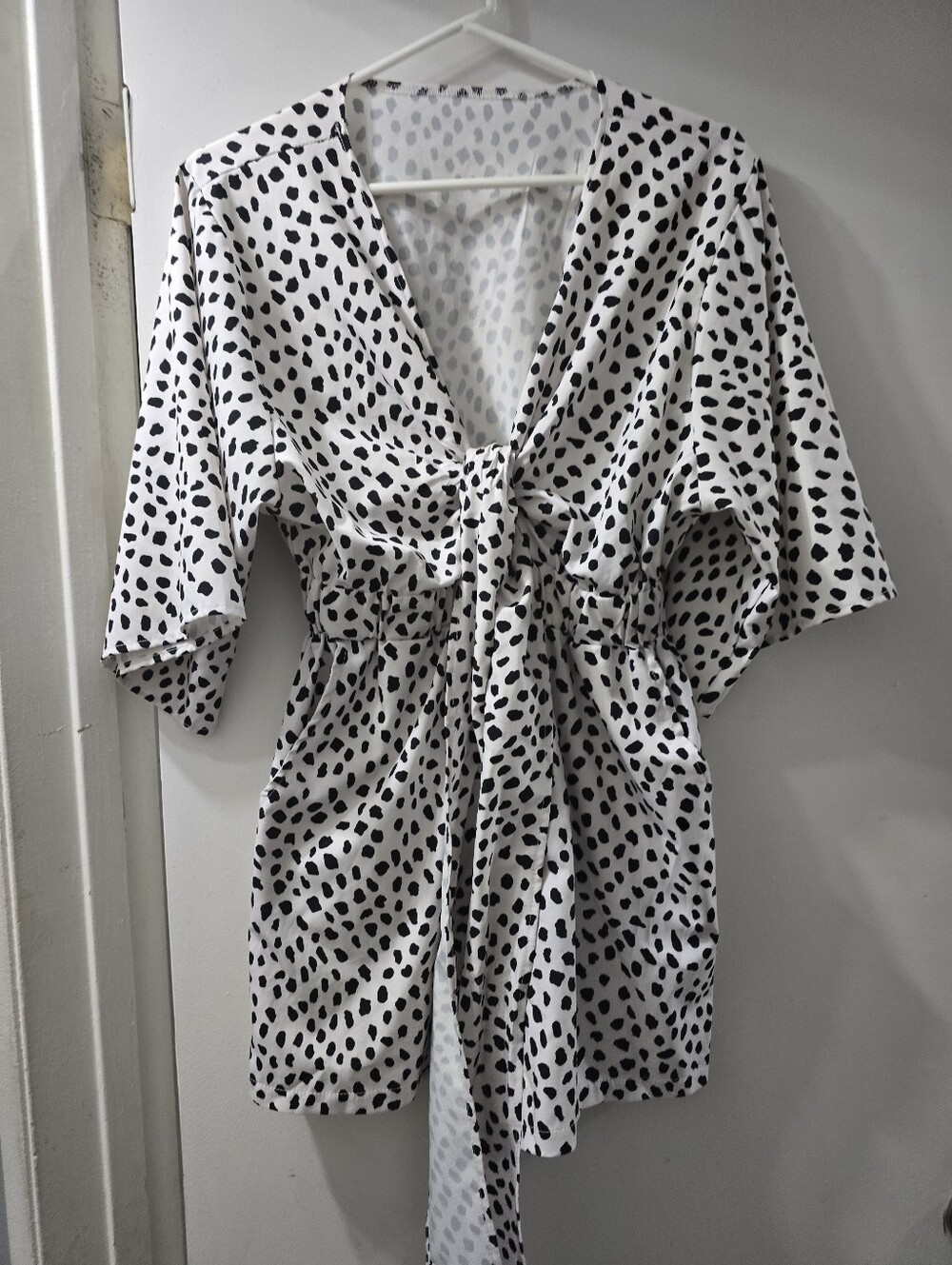 Women's Black & White Spot Tie-Front Romper